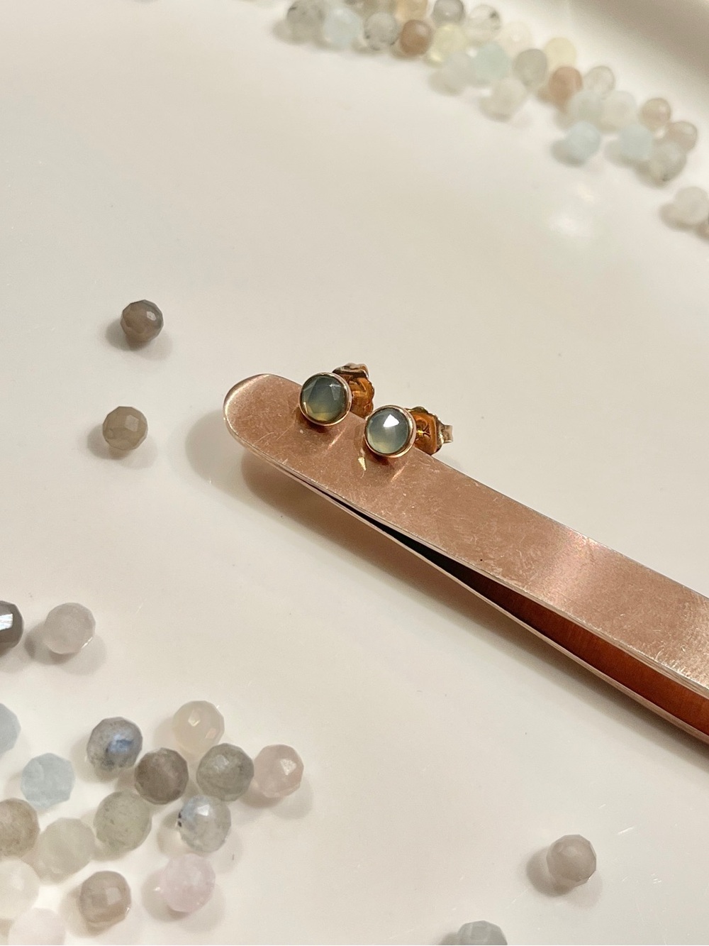Solid 14k Rose Gold Green Chalcedony Stud Earrings